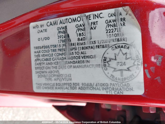 2000 Chevrolet Tracker მანქანა იყიდება აუქციონზე, vin: 2CNBJ13C9Y6931242, აუქციონის ნომერი: 40068447