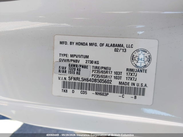 2013 Honda Odyssey Exl მანქანა იყიდება აუქციონზე, vin: 5FNRL5H64DB505602, აუქციონის ნომერი: 40068449