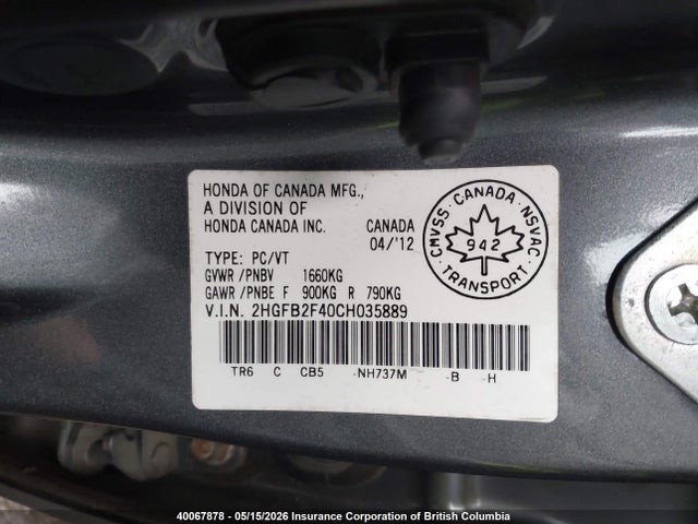 Aukcja sprzedaży 2012 Honda Civic Lx, vin: 2HGFB2F40CH035889, numer aukcji: 40067878