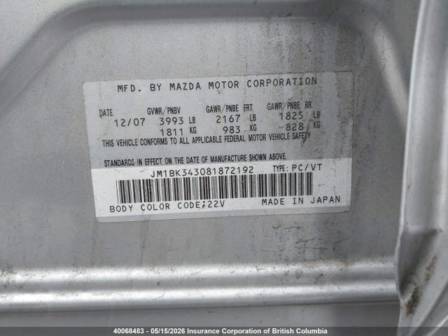 Aukcja sprzedaży 2008 Mazda 3 Hatchback, vin: JM1BK343081872192, numer aukcji: 40068483