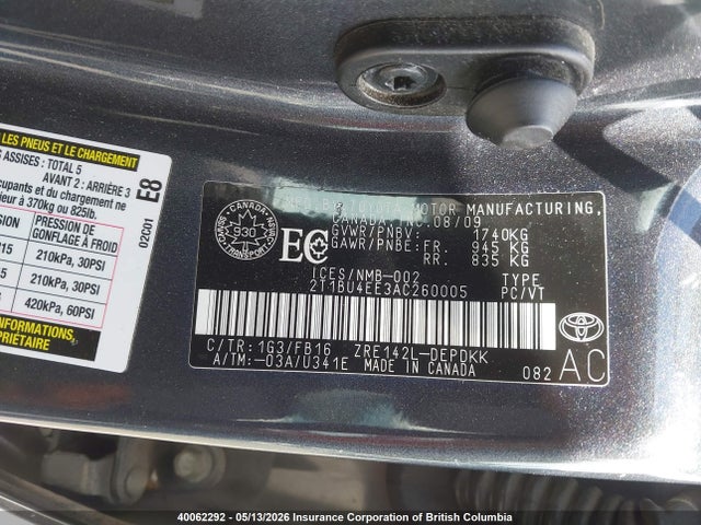 40062292 :رقم المزاد ، 2T1BU4EE3AC260005 vin ، 2010 Toyota Corolla S/le/xle مزاد بيع