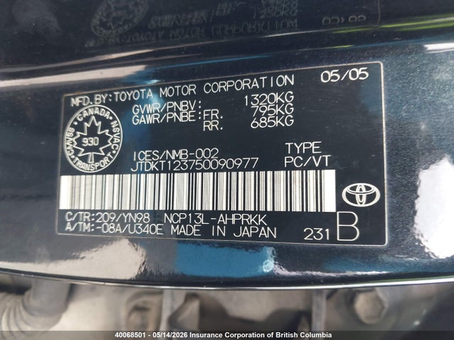 40068501 :رقم المزاد ، JTDKT123750090977 vin ، 2005 Toyota Echo مزاد بيع