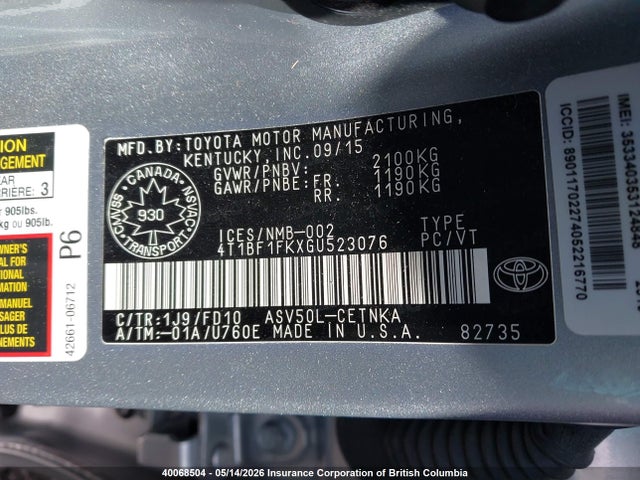40068504 :رقم المزاد ، 4T1BF1FKXGU523076 vin ، 2016 Toyota Camry مزاد بيع