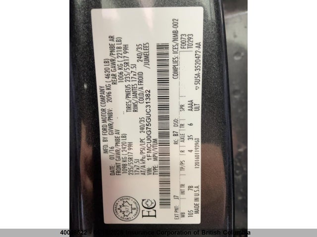 40068522 :رقم المزاد ، 1FMCU0G75GUC31382 vin ، 2016 Ford Escape Se مزاد بيع