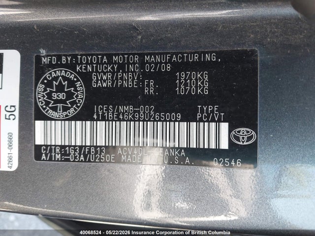 Aukcja sprzedaży 2009 Toyota Camry, vin: 4T1BE46K99U265009, numer aukcji: 40068524