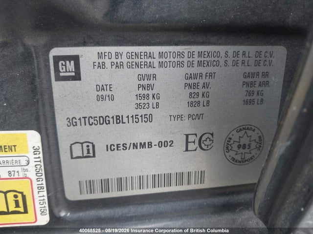 40068525 :رقم المزاد ، 3G1TC5DG1BL115150 vin ، 2011 Chevrolet Aveo مزاد بيع