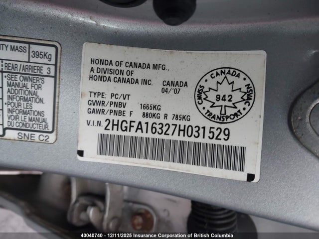 Продажа на аукционе авто 2007 Honda Civic Dx, vin: 2HGFA16327H031529, номер лота: 40040740