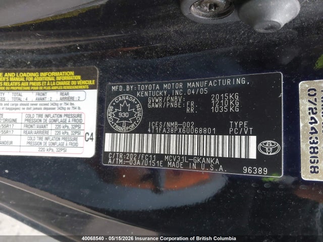 40068540 :رقم المزاد ، 4T1FA38PX6U068801 vin ، 2006 Toyota Camry مزاد بيع