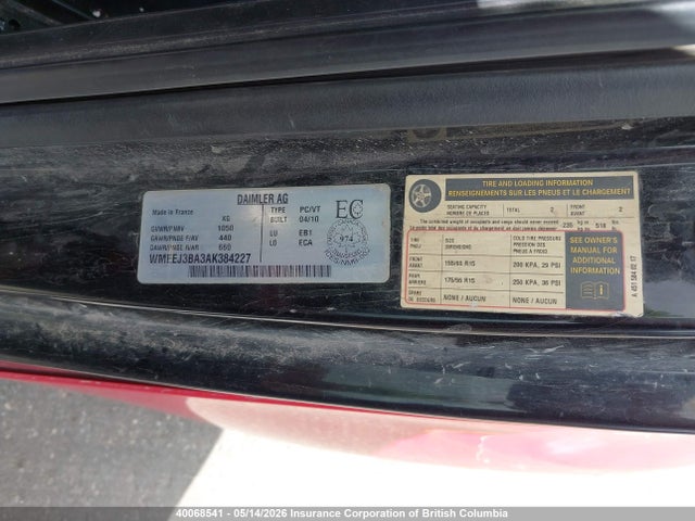 40068541 :رقم المزاد ، WMEEJ3BA3AK384227 vin ، 2010 Smart Fortwo Pure/passion مزاد بيع