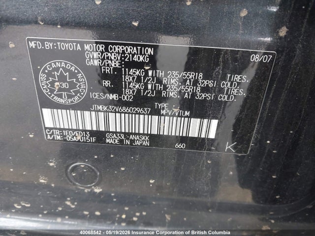40068542 :رقم المزاد ، JTMBK32V686029637 vin ، 2008 Toyota Rav4 مزاد بيع