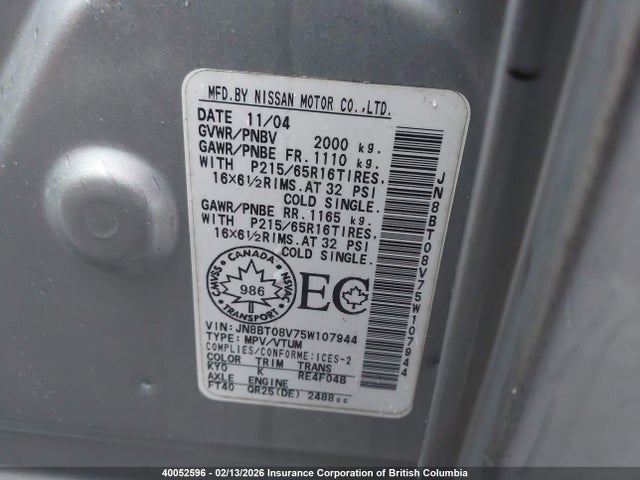 Aukcja sprzedaży 2005 Nissan X-trail Xe/se, vin: JN8BT08V75W107944, numer aukcji: 40052596
