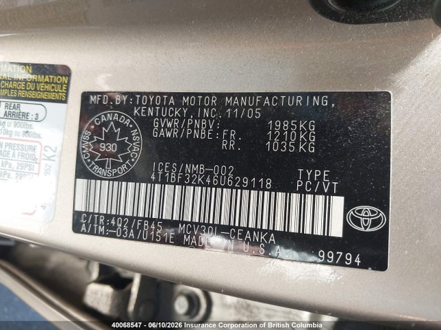 Aukcja sprzedaży 2006 Toyota Camry, vin: 4T1BF32K46U629118, numer aukcji: 40068547