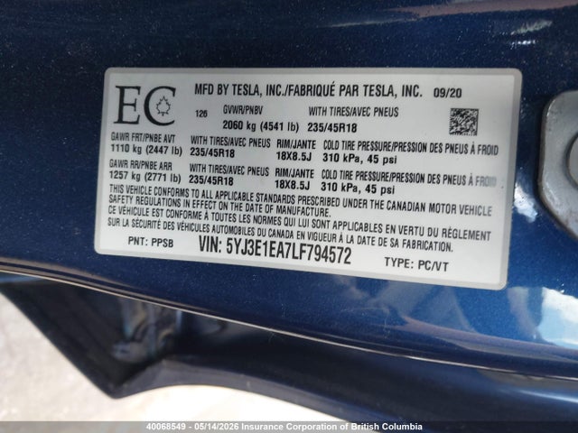 Aukcja sprzedaży 2020 Tesla Model 3, vin: 5YJ3E1EA7LF794572, numer aukcji: 40068549