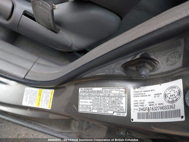 Aukcja sprzedaży 2007 Honda Civic, vin: 2HGFA16327H033362, numer aukcji: 40068553