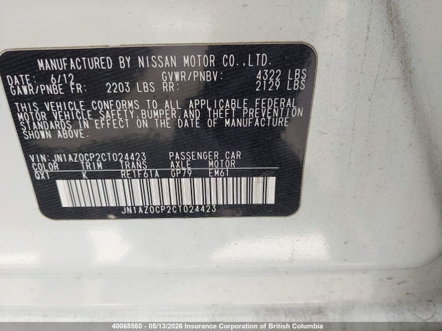 40068560 :رقم المزاد ، JN1AZ0CP2CT024423 vin ، 2012 Nissan Leaf مزاد بيع