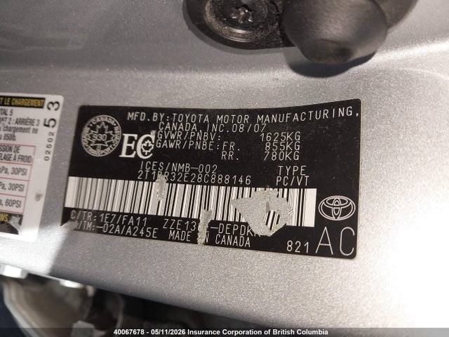 40067678 :رقم المزاد ، 2T1BR32E28C888146 vin ، 2008 Toyota Corolla Ce/le/s مزاد بيع