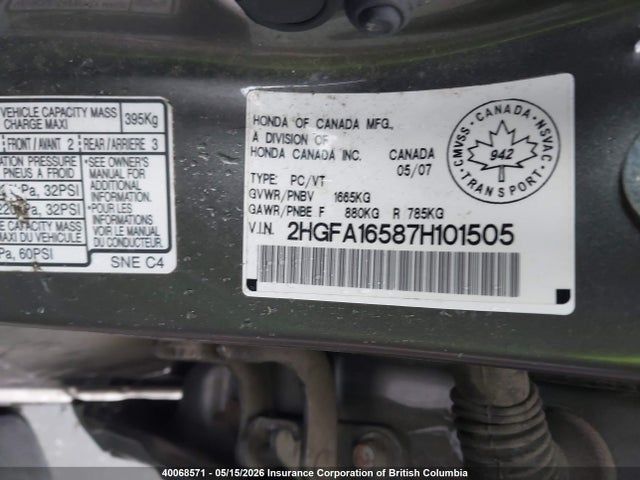 Продажа на аукционе авто 2007 Honda Civic, vin: 2HGFA16587H101505, номер лота: 40068571