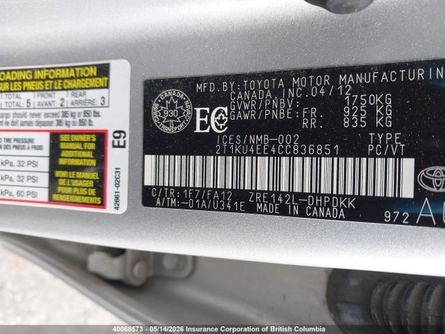40068573 :رقم المزاد ، 2T1KU4EE4CC836851 vin ، 2012 Toyota Matrix مزاد بيع