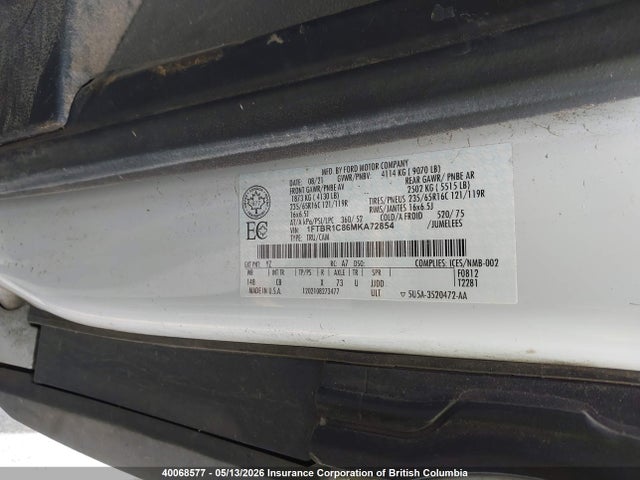Продажа на аукционе авто 2021 Ford Transit T-250, vin: 1FTBR1C86MKA72854, номер лота: 40068577