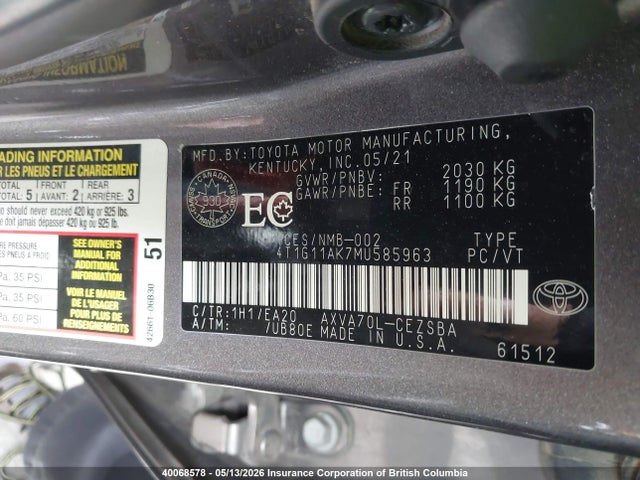 4T1G11AK7MU585963 Toyota Camry