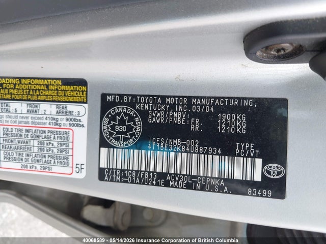 40068589 :رقم المزاد ، 4T1BE32K84U887934 vin ، 2004 Toyota Camry مزاد بيع