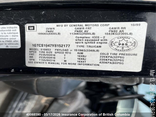 40068590 :رقم المزاد ، 1GTCS1947Y8152177 vin ، 2000 Gmc Sonoma مزاد بيع