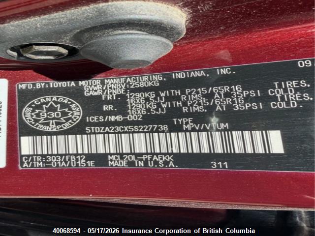 40068594 :رقم المزاد ، 5TDZA23CX5S227738 vin ، 2005 Toyota Sienna Ce/le مزاد بيع