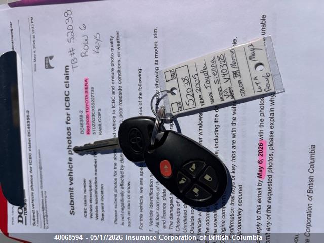 40068594 :رقم المزاد ، 5TDZA23CX5S227738 vin ، 2005 Toyota Sienna Ce/le مزاد بيع