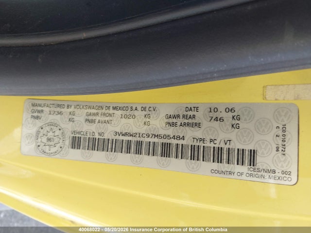 40068022 :رقم المزاد ، 3VWRW21C97M505484 vin ، 2007 Volkswagen New Beetle 2.5l Luxury مزاد بيع