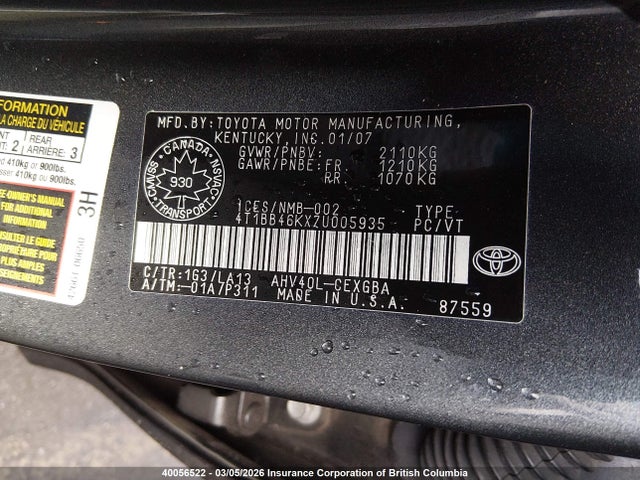 40056522 :رقم المزاد ، 4T1BB46KX7U005935 vin ، 2007 Toyota Camry Hybrid مزاد بيع