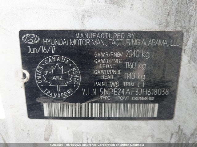 5NPE24AF3JH618038 Hyundai SONATA GL
