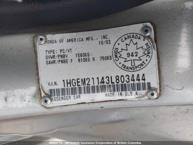 Продажа на аукционе авто 2003 Honda Civic Dx, vin: 1HGEM21143L803444, номер лота: 40062779