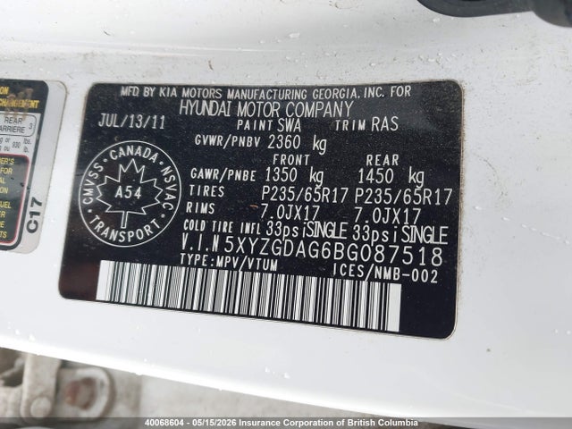 2011 Hyundai Santa Fe Gl 3.5 მანქანა იყიდება აუქციონზე, vin: 5XYZGDAG6BG087518, აუქციონის ნომერი: 40068604