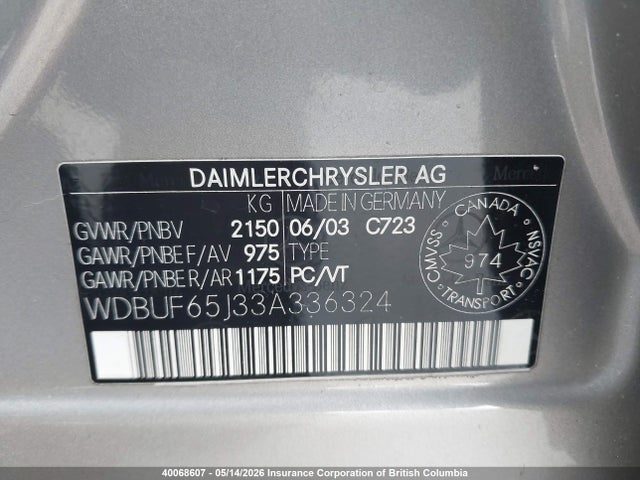 Aukcja sprzedaży 2003 Mercedes-benz E 320, vin: WDBUF65J33A336324, numer aukcji: 40068607