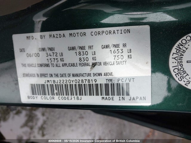 Aukcja sprzedaży 2000 Mazda Protege Dx/lx, vin: JM1BJ2220Y0287819, numer aukcji: 40068608