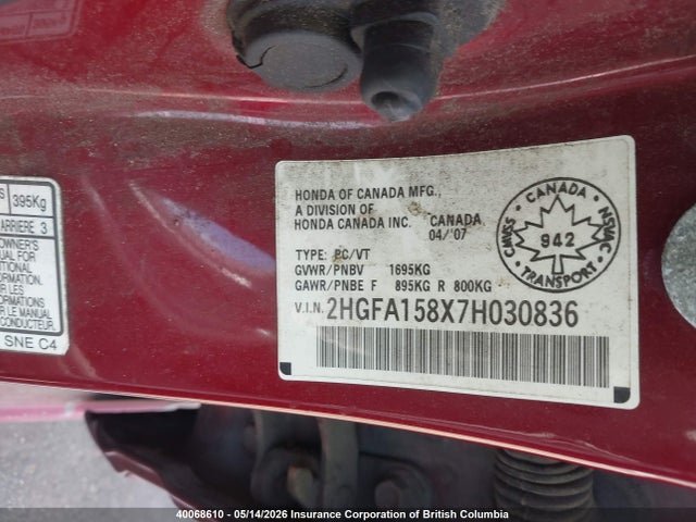 Aukcja sprzedaży 2007 Honda Civic, vin: 2HGFA158X7H030836, numer aukcji: 40068610
