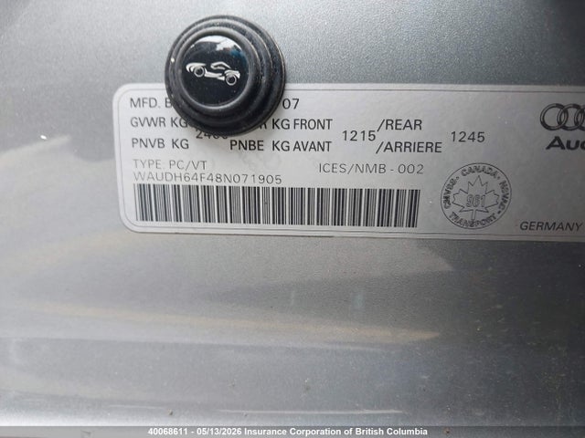 40068611 :رقم المزاد ، WAUDH64F48N071905 vin ، 2008 Audi A6 مزاد بيع