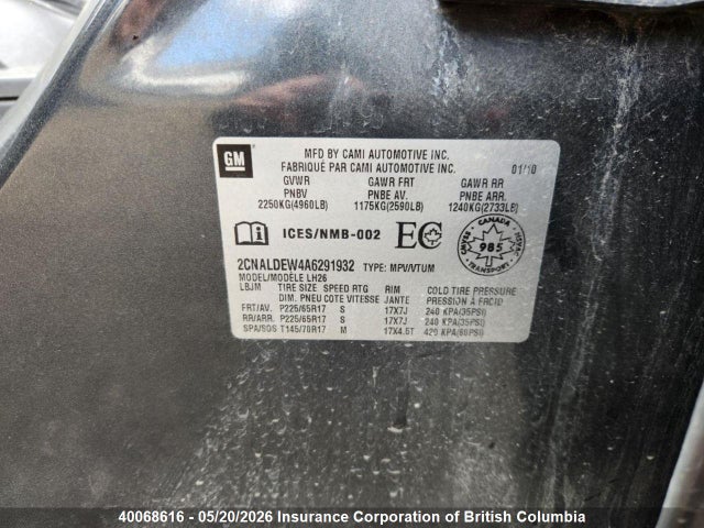 40068616 :رقم المزاد ، 2CNALDEW4A6291932 vin ، 2010 Chevrolet Equinox Lt مزاد بيع