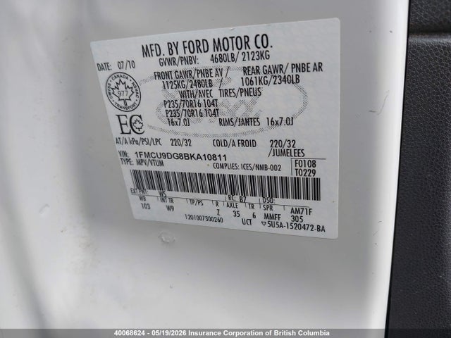 Продажа на аукционе авто 2011 Ford Escape Xlt, vin: 1FMCU9DG8BKA10811, номер лота: 40068624