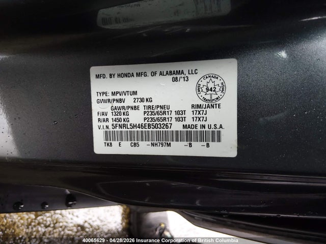 40065629 :رقم المزاد ، 5FNRL5H46EB503267 vin ، 2014 Honda Odyssey Ex مزاد بيع