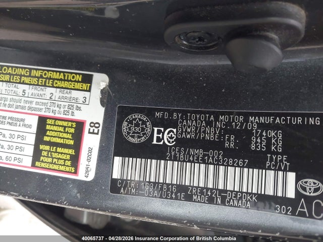 40065737 :رقم المزاد ، 2T1BU4EE1AC328267 vin ، 2010 Toyota Corolla S/le/xle مزاد بيع
