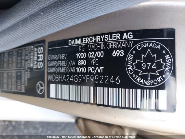 Продаж на аукціоні авто 2000 Mercedes-benz C 230 Classic/elegance/sport, vin: WDBHA24G9YF952246, номер лоту: 40068637