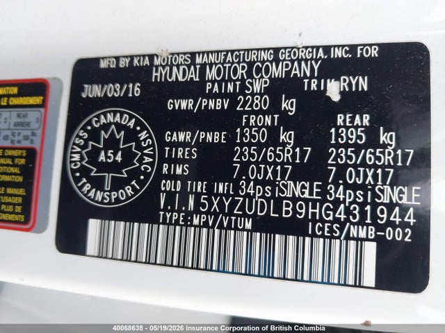5XYZUDLB9HG431944 Hyundai SANTA FE SPORT
