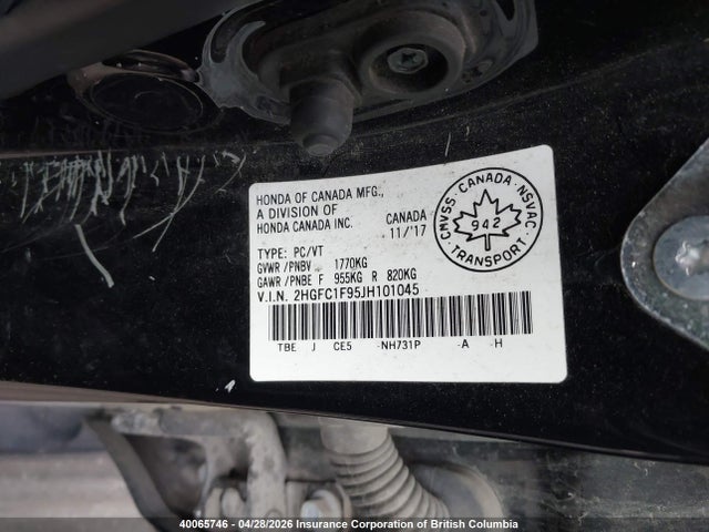 Продажа на аукционе авто 2018 Honda Civic Touring, vin: 2HGFC1F95JH101045, номер лота: 40065746