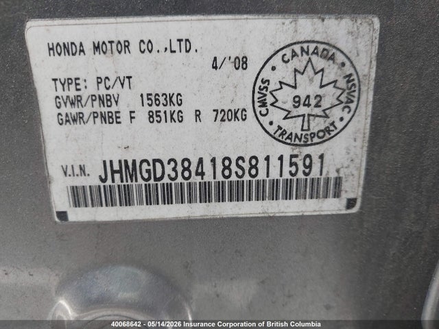 40068642 :رقم المزاد ، JHMGD38418S811591 vin ، 2008 Honda Fit مزاد بيع