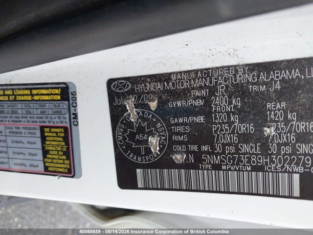2009 Hyundai Santa Fe Gl/gls მანქანა იყიდება აუქციონზე, vin: 5NMSG73E89H302279, აუქციონის ნომერი: 40068659