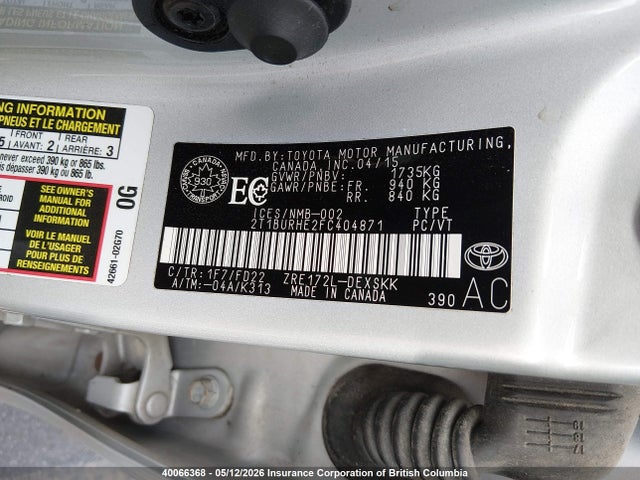 40066368 :رقم المزاد ، 2T1BURHE2FC404871 vin ، 2015 Toyota Corolla L/le/le Pls/prm/s/s Pls مزاد بيع