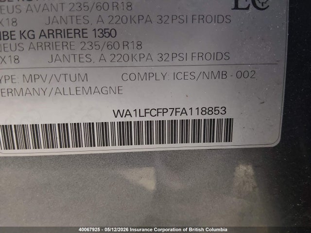 40067925 :رقم المزاد ، WA1LFCFP7FA118853 vin ، 2015 Audi Q5 Premium Plus مزاد بيع