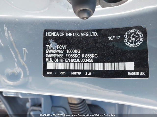 SHHFK7H92JU303458 Honda Civic