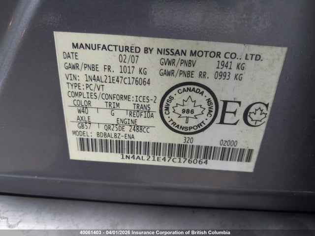 2007 Nissan Altima 2.5/2.5s მანქანა იყიდება აუქციონზე, vin: 1N4AL21E47C176064, აუქციონის ნომერი: 40061403